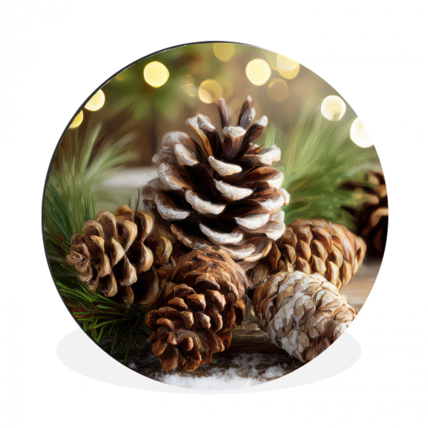 Dennenappels - Kerstsfeer - Bruin - Groen Wandcirkel aluminium klein -3d