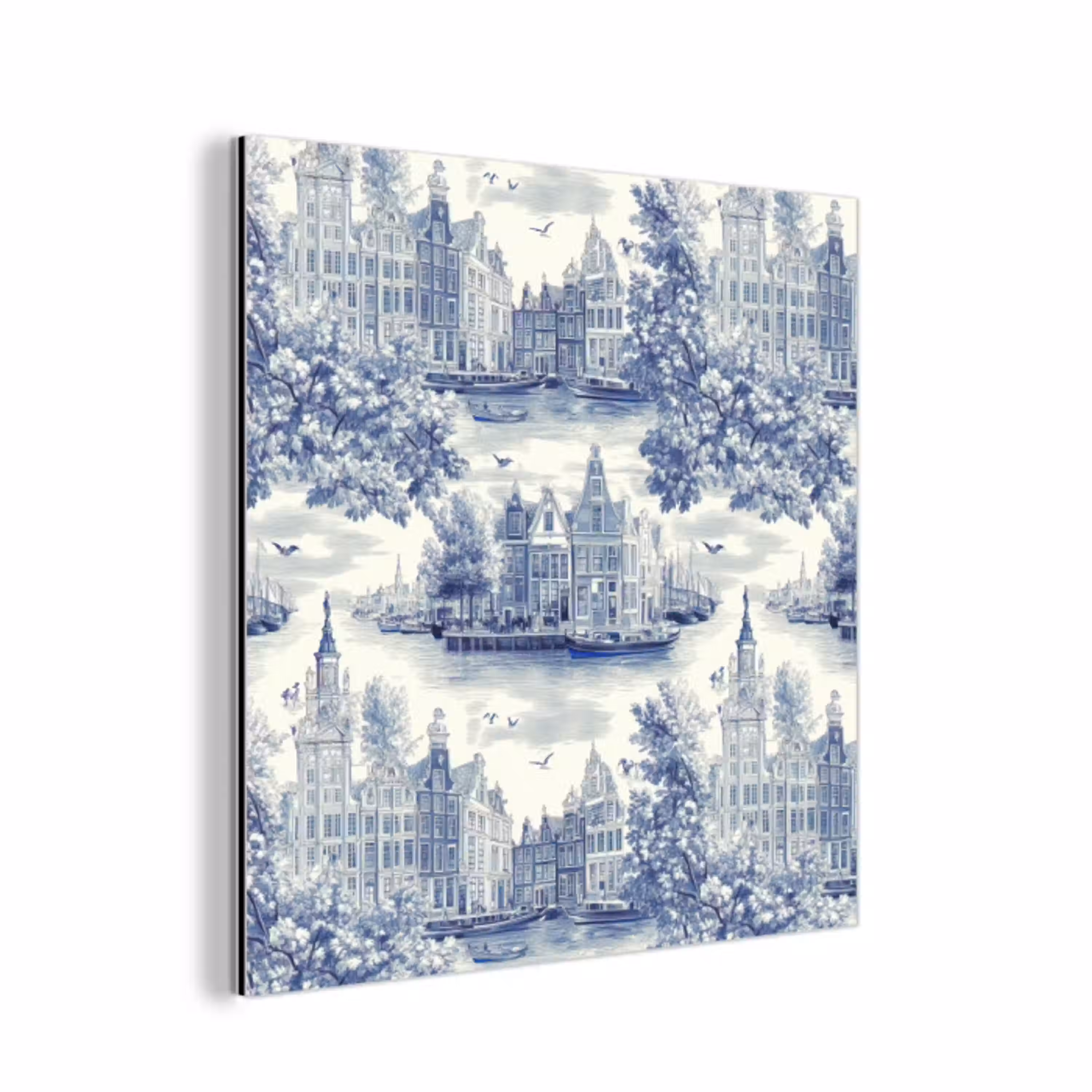 Huizen - Bomen - Water - Vogels - Blauw aluminium wit klein 46 -3d