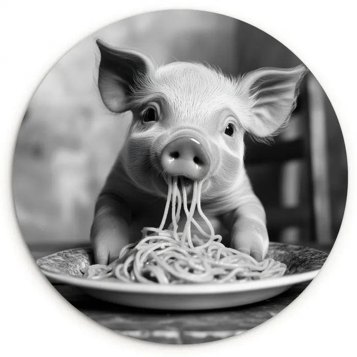 Varken - Schattig - Spaghetti - Zwart wit - Dier Wandcirkel plexiglas klein -3d