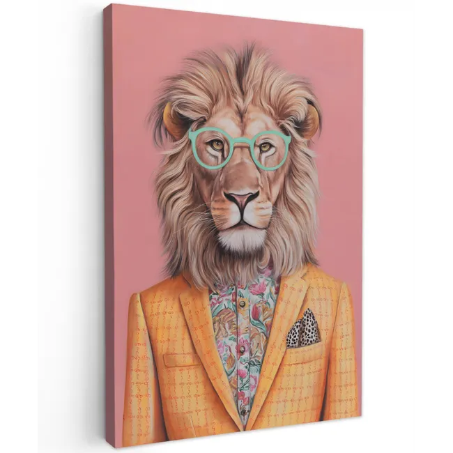 Leeuw - Pak - Geruit - Bril Tuinposter op houten frame 2 cm dik klein -3d