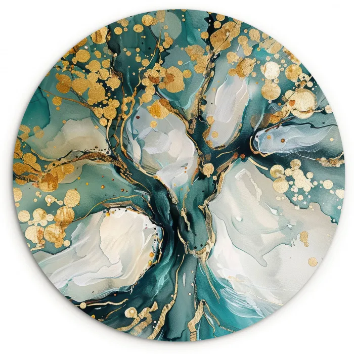 Boom - Modern - Verflook - Turquoise - Goud Wandcirkel kunststof plaat 5mm dik klein -3d