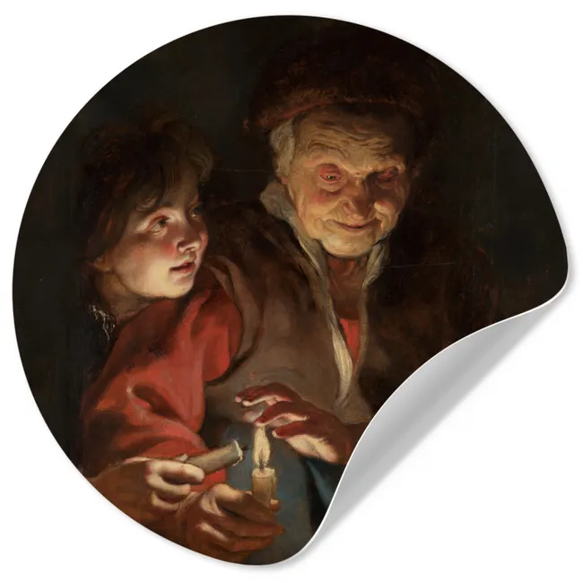 Oude vrouw en jongen met kaarsen - Schilderij van Peter Paul Rubens Wandcirkel behangsticker klein -3d