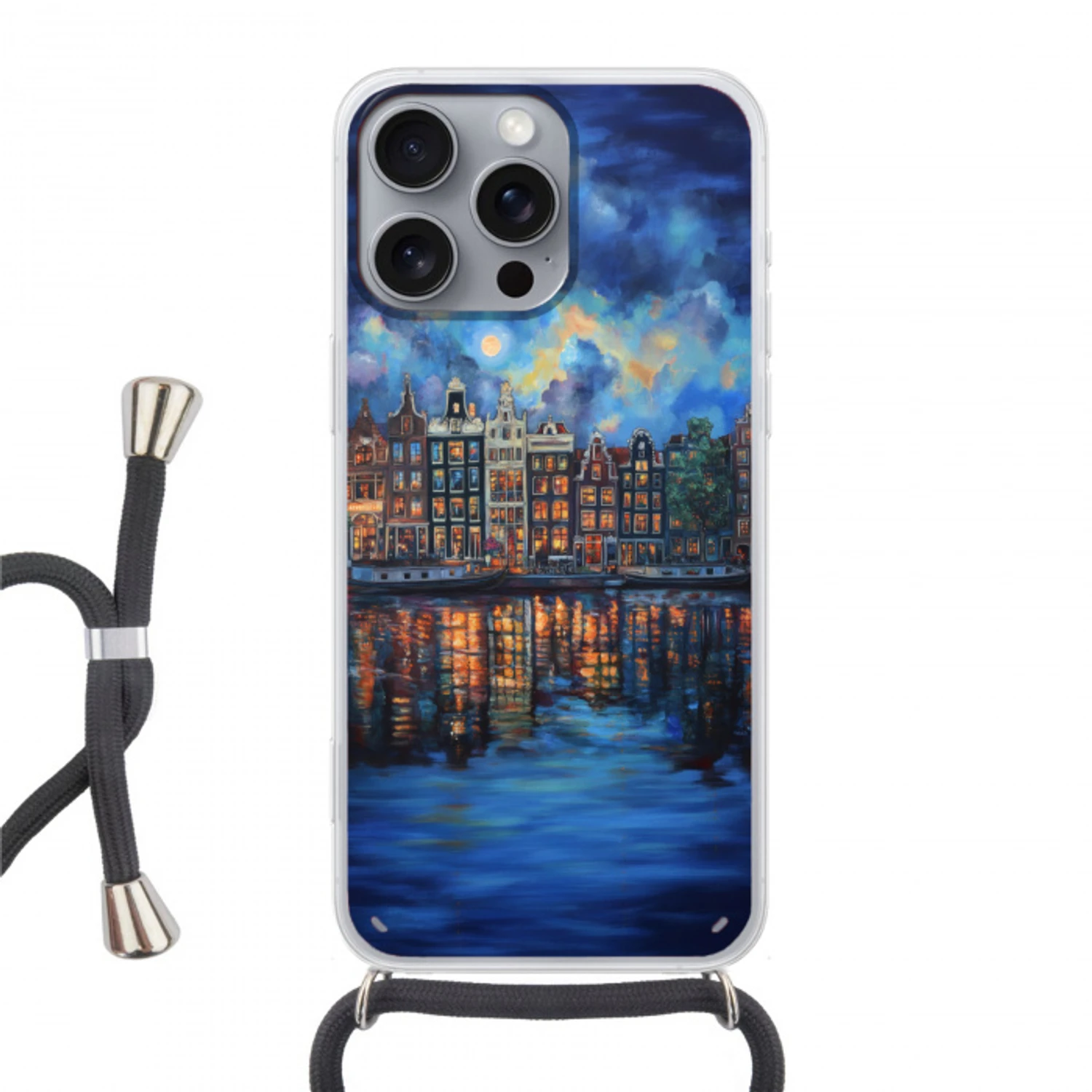 Grachten Amsterdam - Huizen - Stad - Kleurrijk Hoesje iPhone 16 Pro Max met koord klein -3d