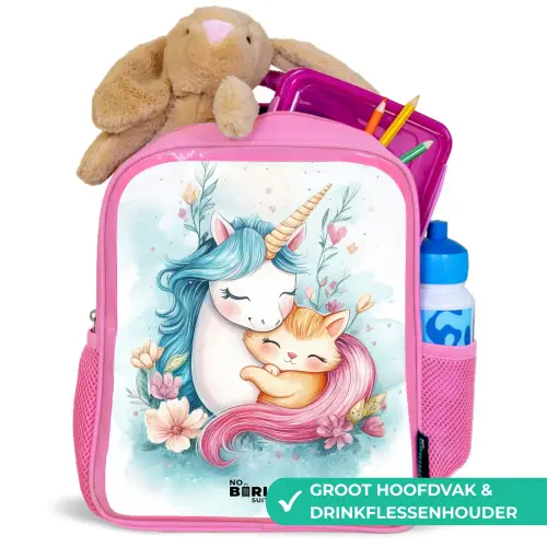 Eenhoorn met blauwe manen en oranje kitten Kinderrugzak - Roze middel -inhoud_NL
