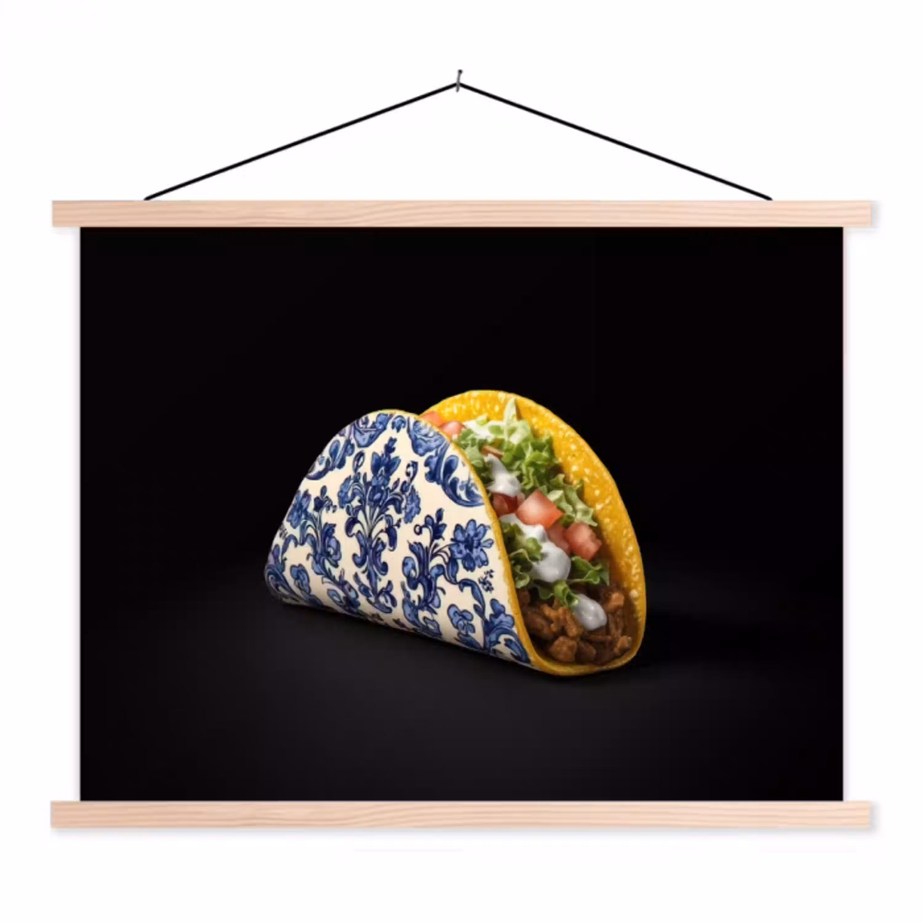 Taco - Vlees - Salade - Delftsblauw - Motief textielposter latten blank klein -3d