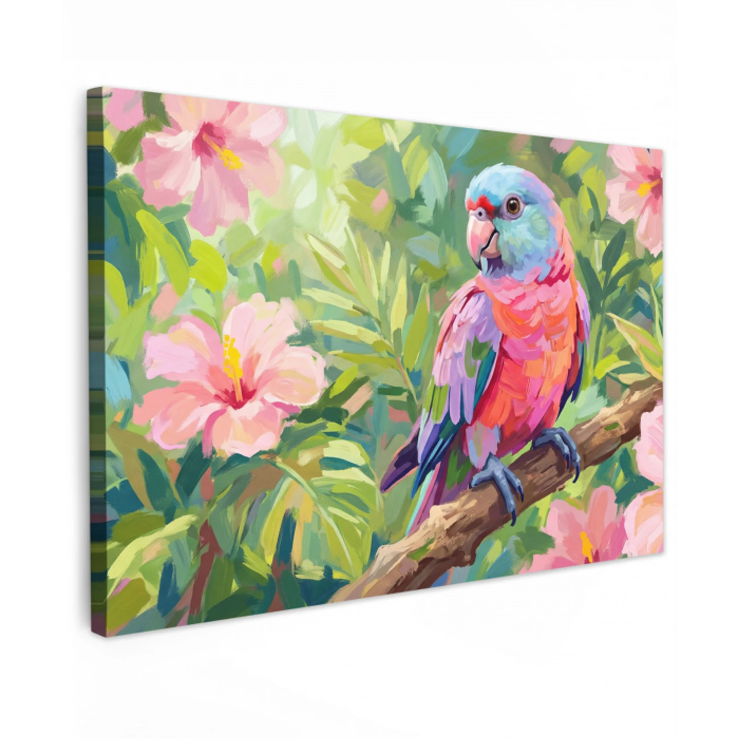 Papagaai - Hibiscusbloemen - Kleurrijk canvas 2cm klein -z3d