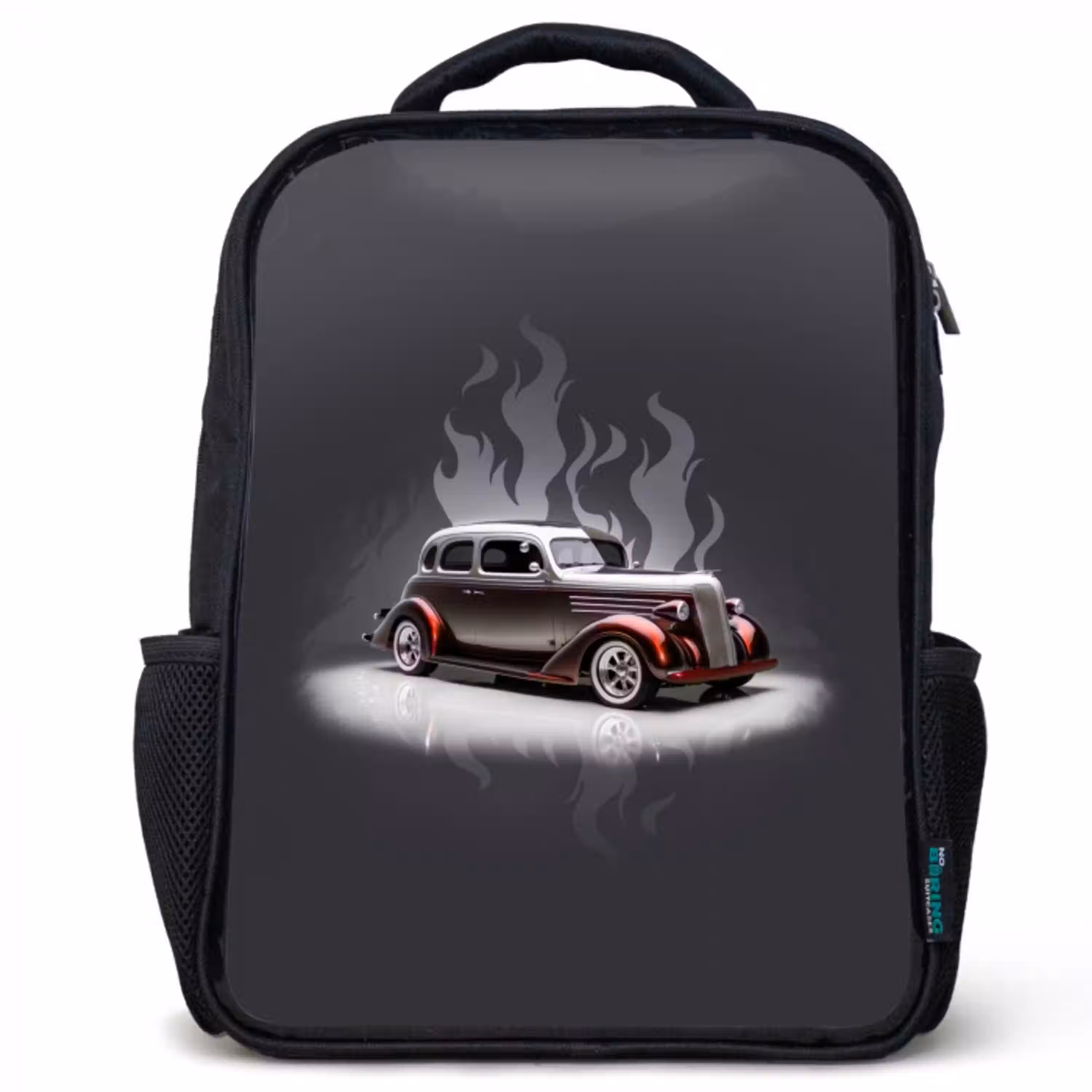 Grijze auto met grijze vlammen Rugzak - Zwart middel -3d