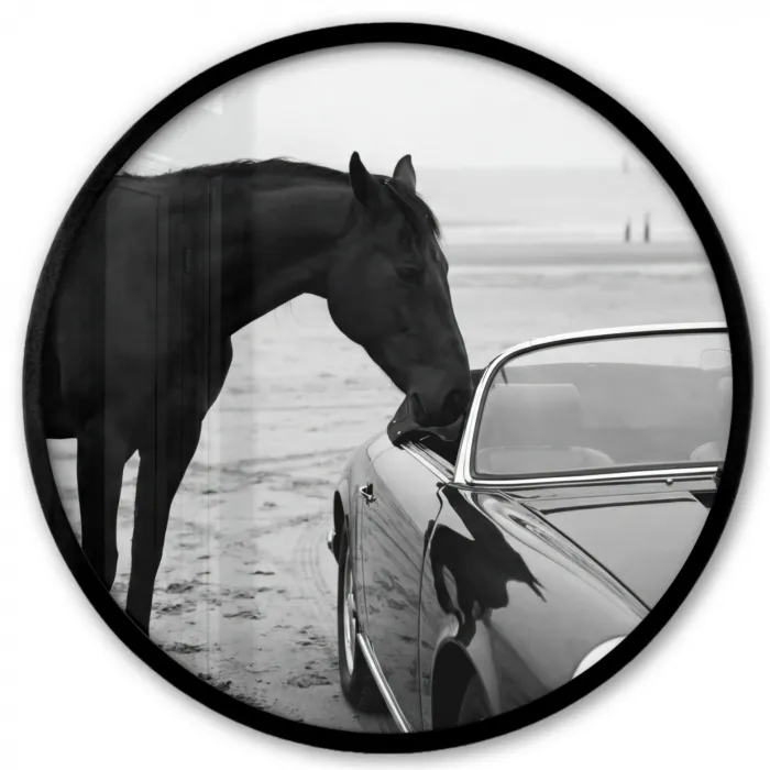Paard - Auto - Zwart - Wit Fotolijst rond zonder passe partout klein -3d