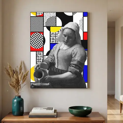 Collage - Mondriaan - Melkmeisje Textielframe zwart klein -sfeer1