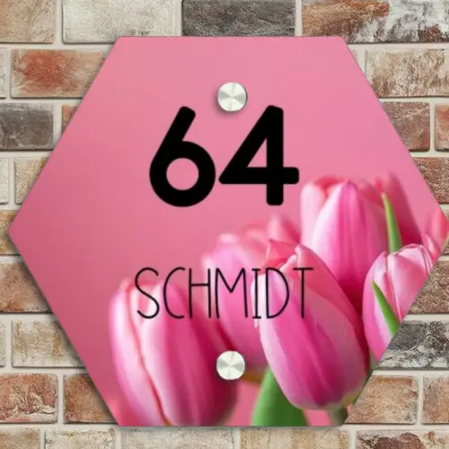 Roze tulpen - Modern Naambord Hexagon klein -sfeer2