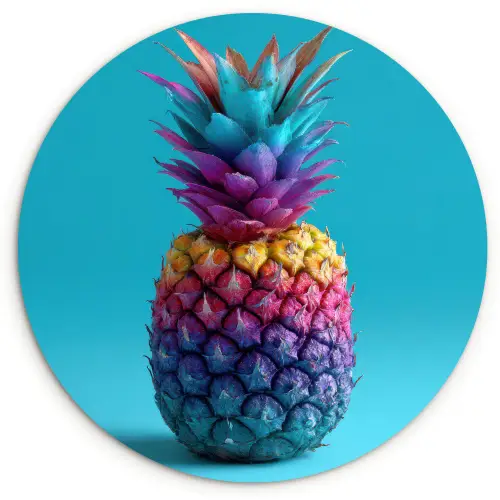 Ananas - Regenboog - Blauw - Popart Wandcirkel kunststof plaat 5mm dik klein -3d