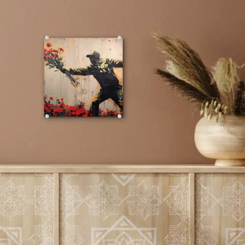 Street art - Man - Bloemen - Rood - Graffiti - Banksy plexiglas 5mm klein -sfeer5