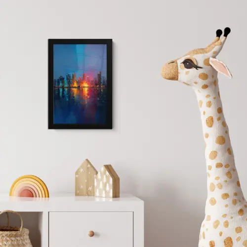 Skyline - Penseelstreken - Donkerblauw - Lichtgevend fotolijst zwart zonder passe partout klein -usfeer4_kinderkamer