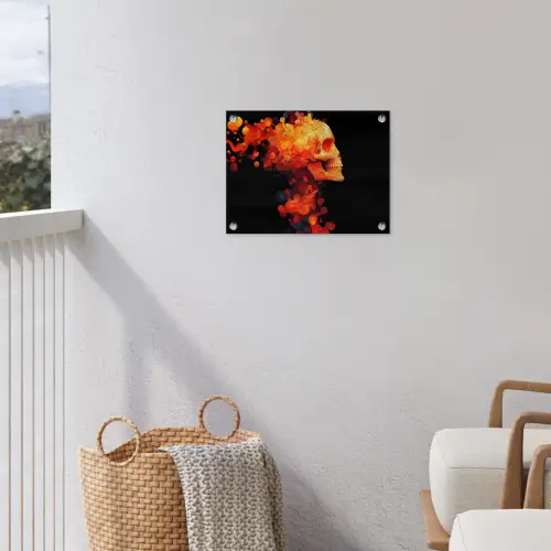 Schedel - Oranje - Zijaanzicht - Vlammen tuinposter los doek klein -sfeer8