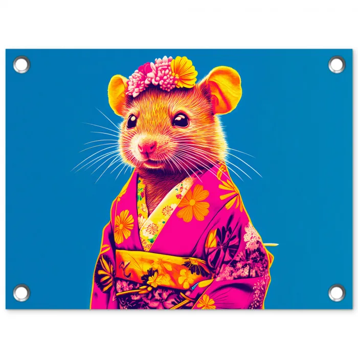 Muis - Kimono - Bloemen - Blauw tuinposter los doek klein -3d