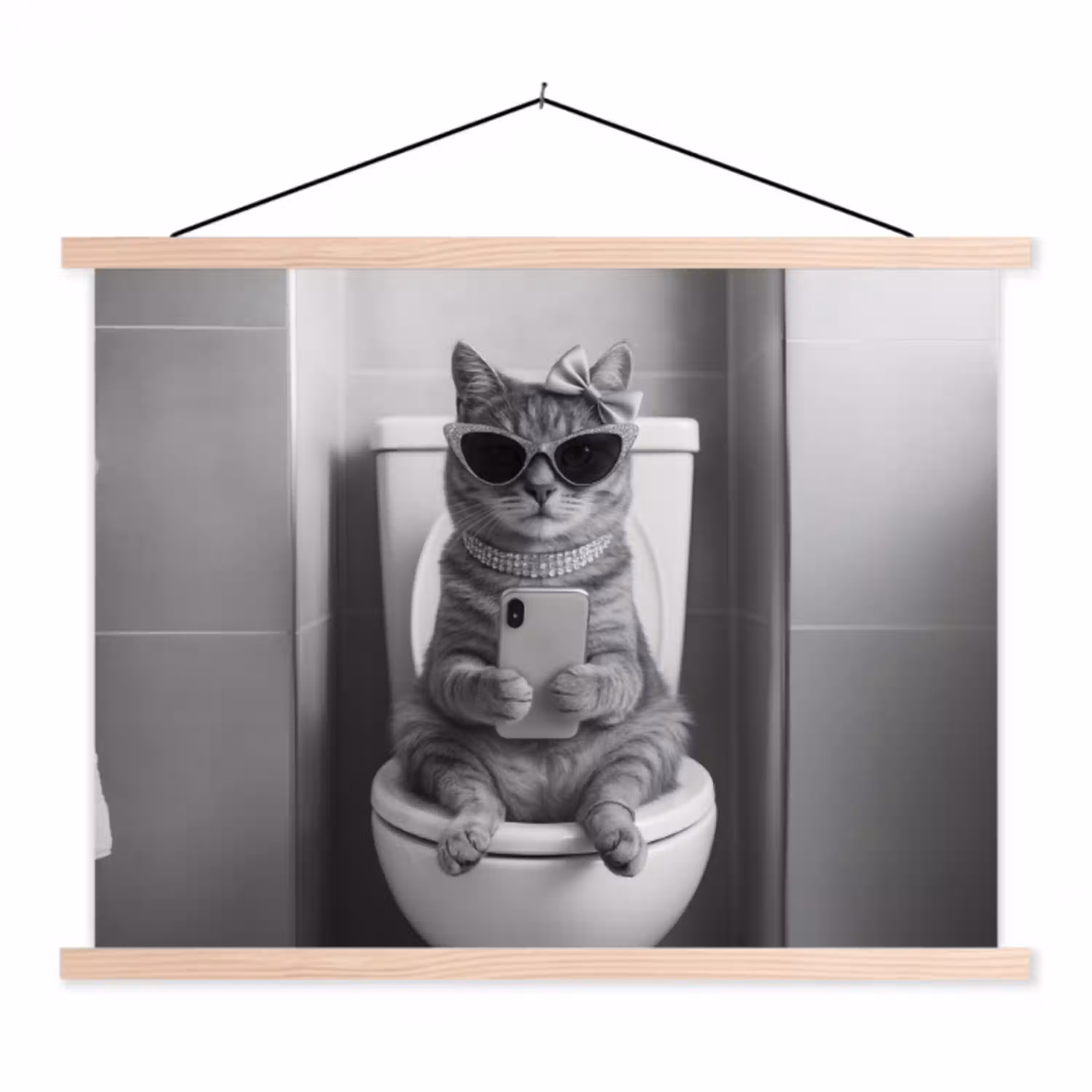Kat - Telefoon - Toilet - Zwart - Wit textielposter latten blank klein -3d