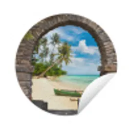 Strand - Palm - Doorkijk - Zee - Kano Wandcirkel tuinposter met ringen klein -3d