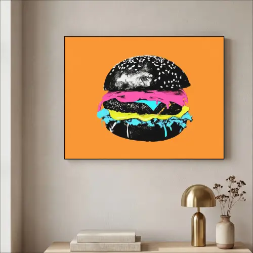 Hamburger - Oranje - Neon - popart Textielframe zwart klein -sfeer2