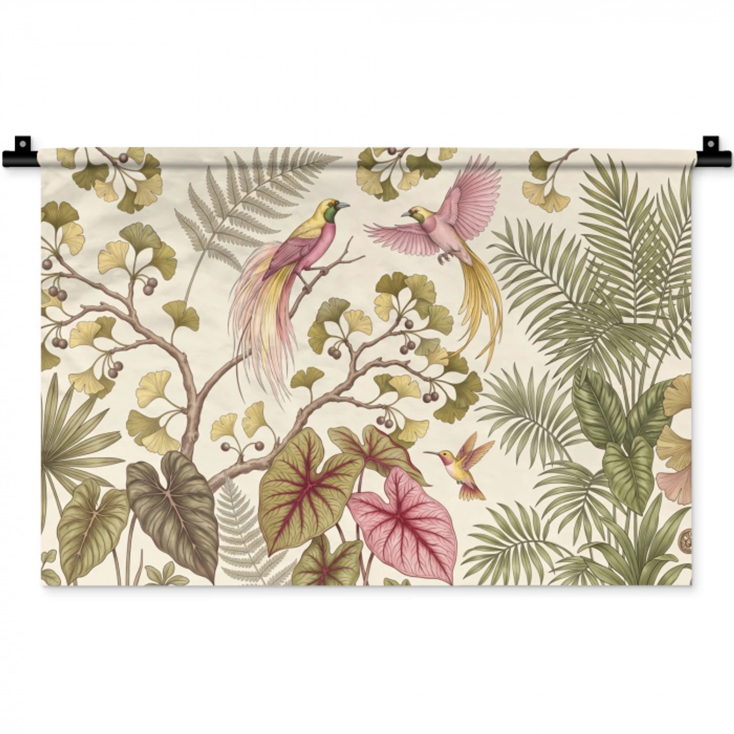 Vogels - Tropisch - Botanisch - Roze Wandkleed katoen klein -zz3d