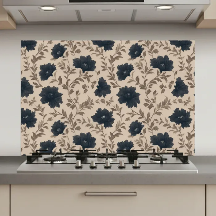 Motief - Bloemen - Zwart - Beige keuken achterwand spatscherm klein 900 -3d_website
