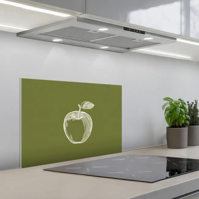 Lijntekening - Appel - Olijfgroen - Blaadje keuken achterwand spatscherm klein -3d_schuin