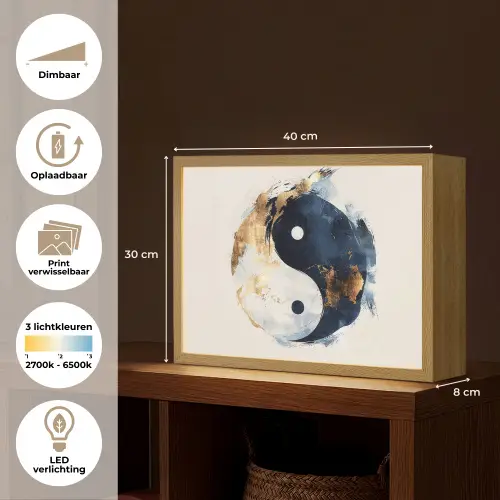 Yin Yang - Abstract - Zwart - Wit - Goud Light Box met batterij (Wandlamp) middel -USP_websiteoverzichtNL