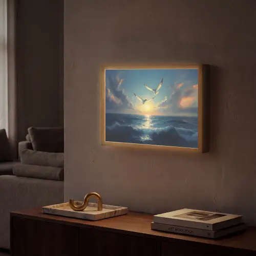Meeuwen - Zee - Wolken -Blauw Light Box met batterij (Wandlamp) middel -sfeer1