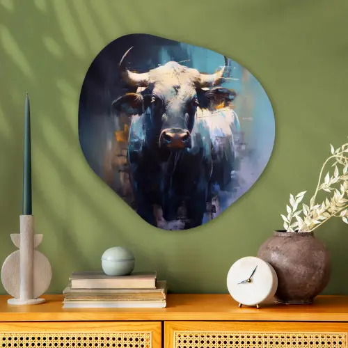 Stier - Zwart - Abstract - Horens Wandcirkel Organisch Plexiglas middel -sfeer2
