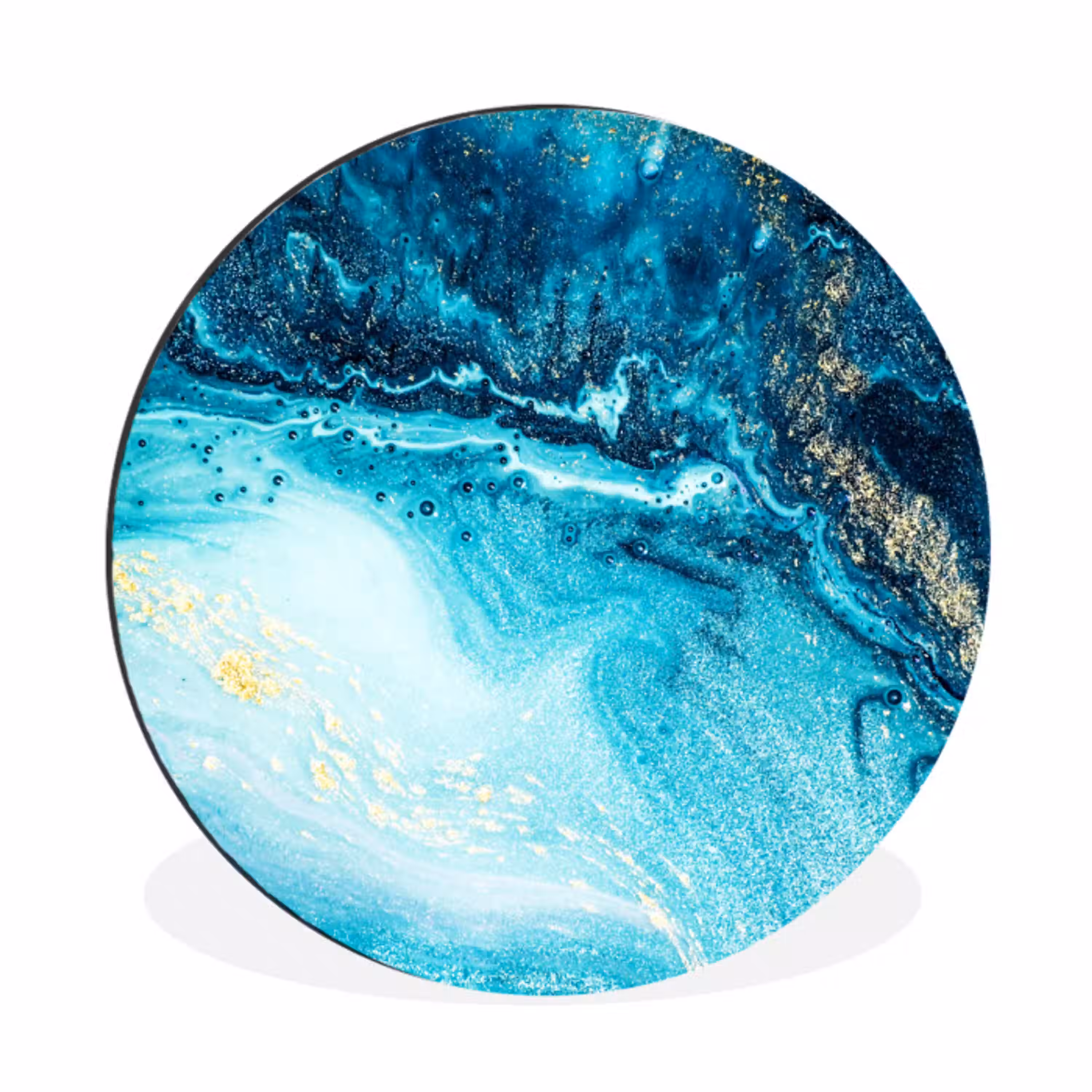Marmerlook - Blauw - Goud - Luxe - Glitter - Marmer Wandcirkel aluminium klein -3d