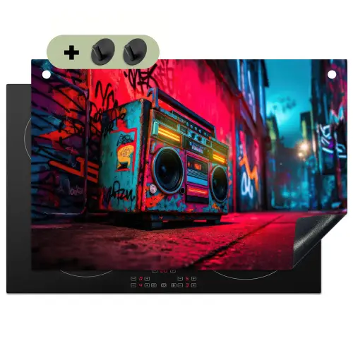 Boombox - Rood - Graffiti - Neon Inductie beschemer met haakjes klein -3d