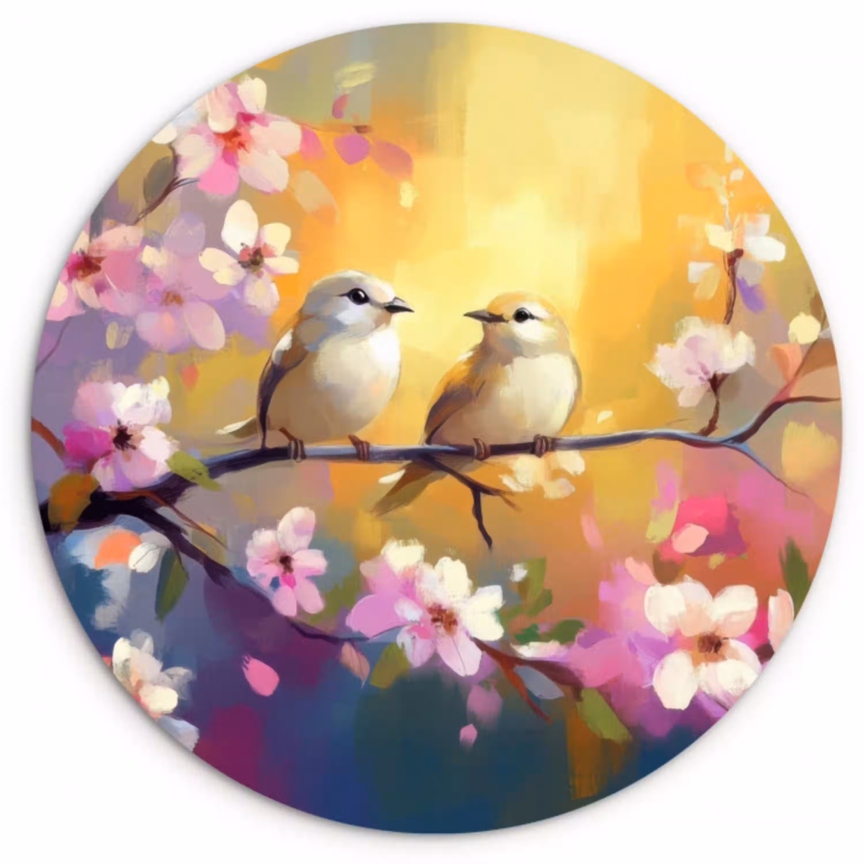 Vogels - Bloemen - Roze Wandcirkel kunststof plaat 5mm dik klein -3d