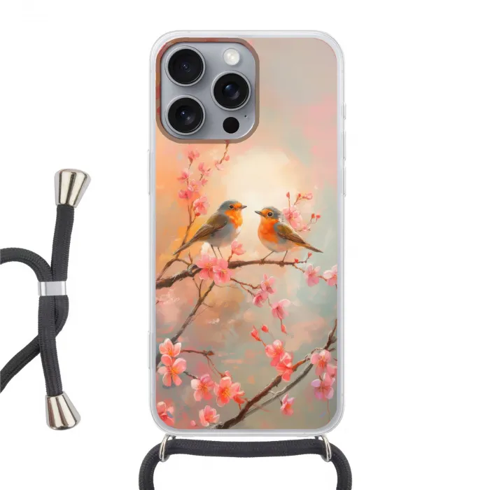 Roodborstjes - Sierlijk - Bloesemtak Hoesje iPhone 16 Pro Max met koord klein -3d