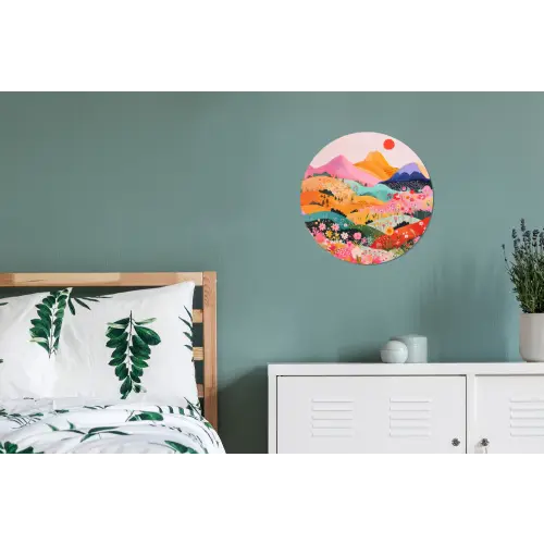 Kleurrijke bloemen - Bergen - Fantasielandschap Wandcirkel aluminium klein -slaapkamer