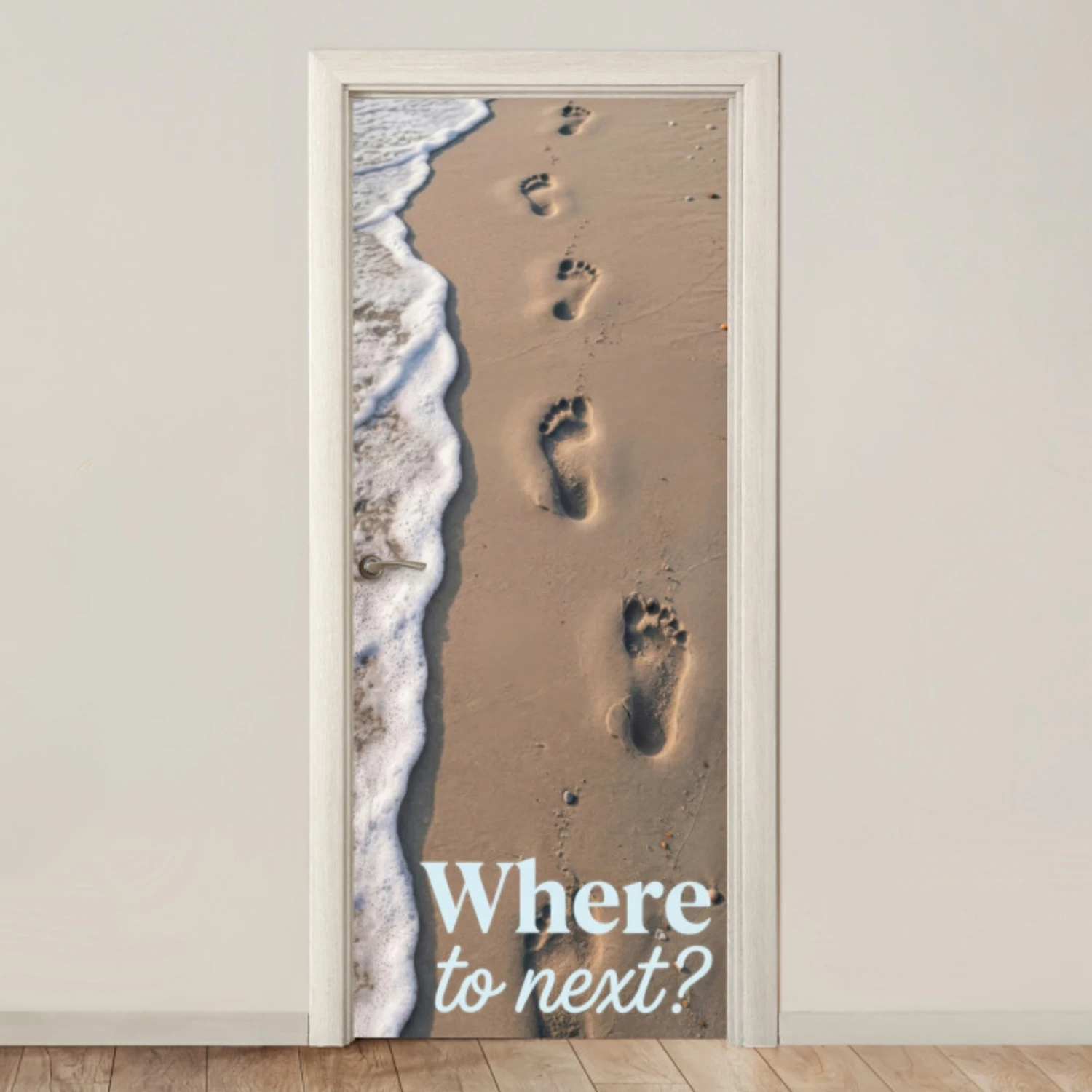 Where to next - Strand - Voetstappen deurposter klein -3d_beige