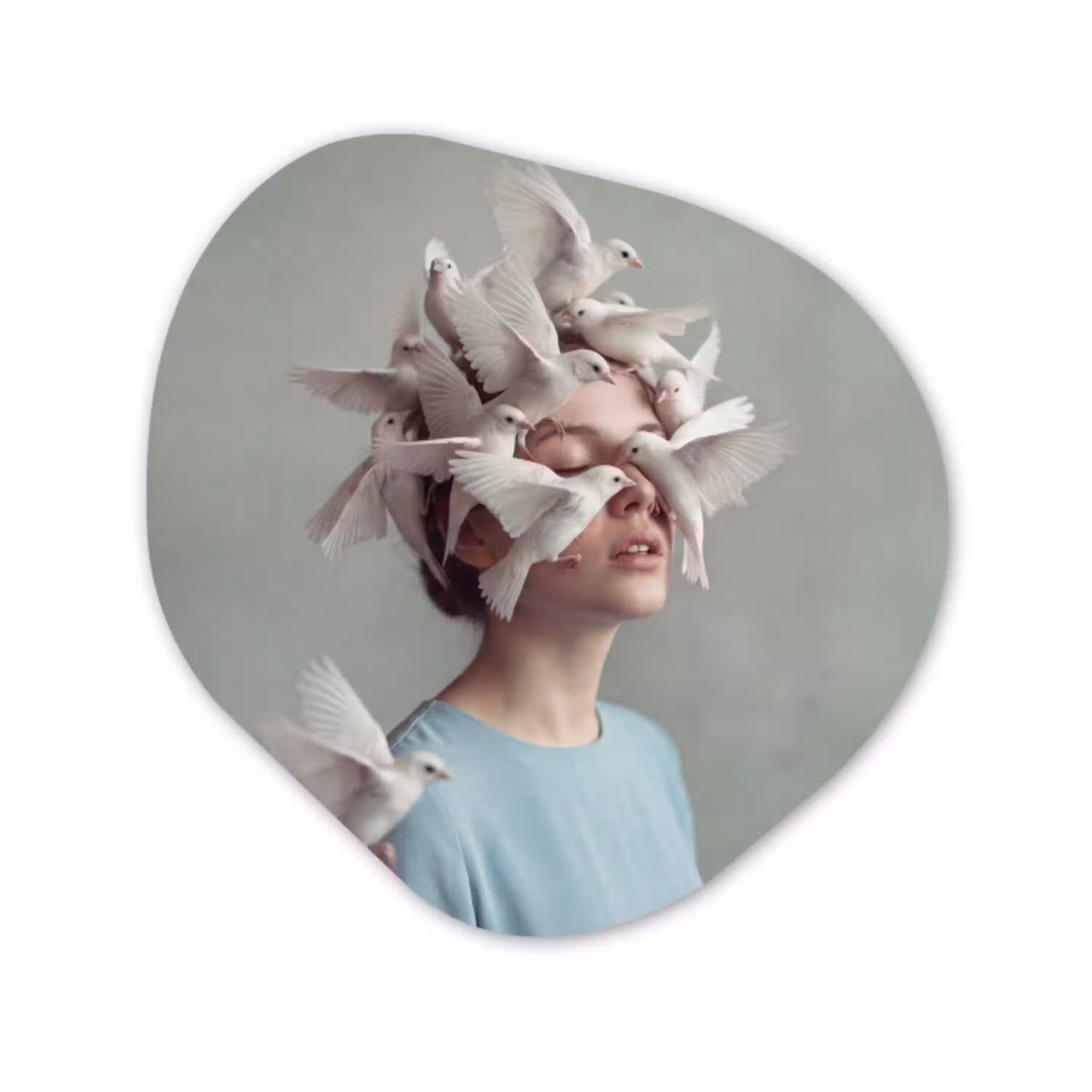 Vrouw - Vogels - Abstract - Modern - Wit Wandcirkel Organisch Aluminium middel -3d