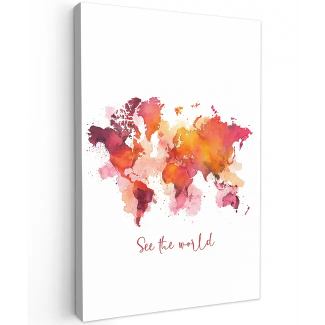 Oranje - Aquarel - Quote - Wereldkaart Tuinposter op houten frame 2 cm dik middel -3d