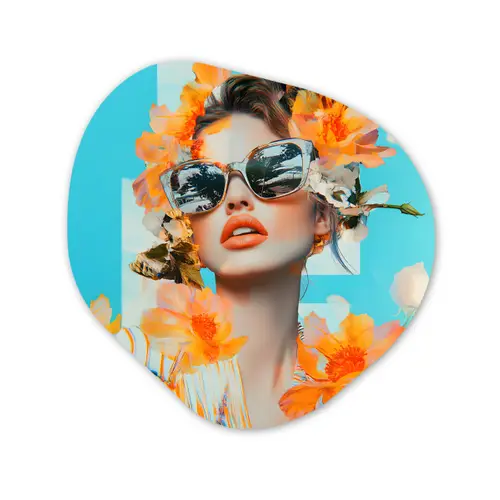 Bloemen - Vrouw - Zonnebril - Blauw Wandcirkel Organisch Forex 3mm klein -3d