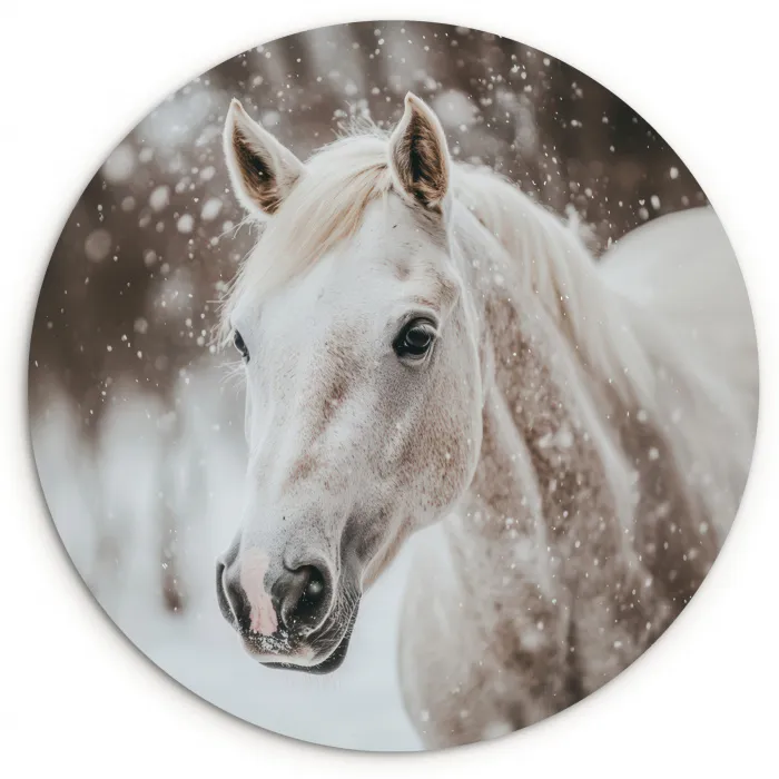 Paard - Wit - Winter - Natuur - Sneeuw - Dieren Wandcirkel kunststof plaat 5mm dik klein -3d