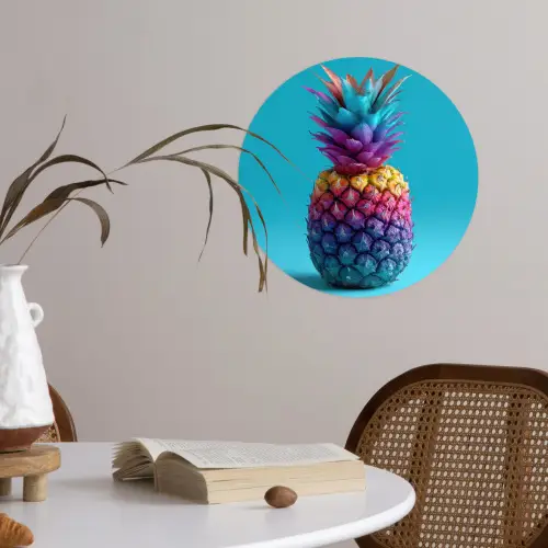 Ananas - Regenboog - Blauw - Popart Wandcirkel behangsticker klein -sfeer3
