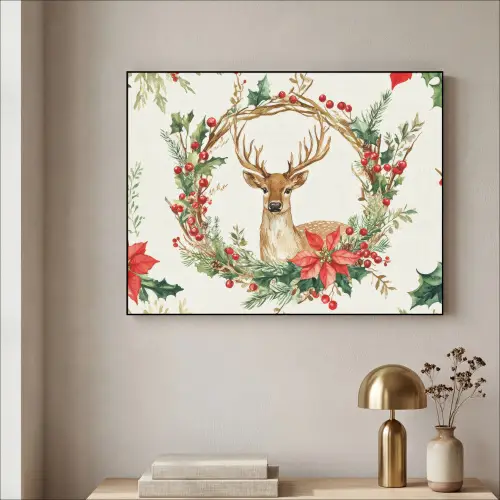 Kerstkrans - Hert - Hulst - Rood Textielframe - compleet frame klein -sfeer2