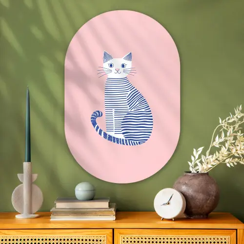Kat - Illustratie - Minimalistisch - Roze Wandcirkel Ovaal Glas middel -sfeer2