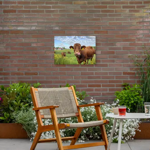 Koe - Weide - Bloemen Tuinposter op houten frame 2 cm dik klein -sfeer3