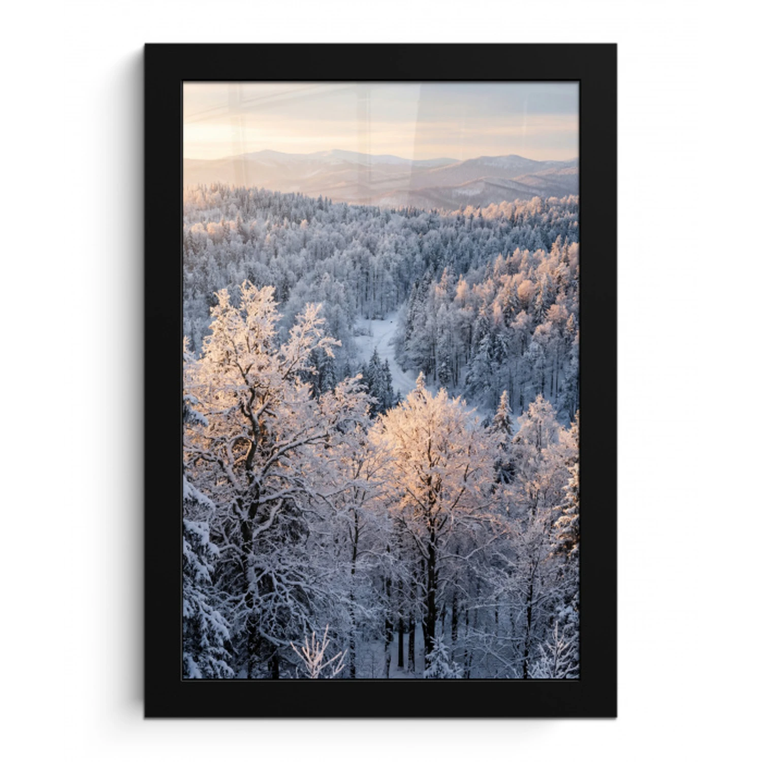 Bos - Bergen - Goud - Winter - Warm fotolijst zwart zonder passe partout klein -3d