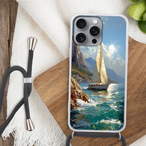 Zeilschip - Zee - Rotsen - Wolken Hoesje iPhone 16 Pro Max met koord klein -sfeer4