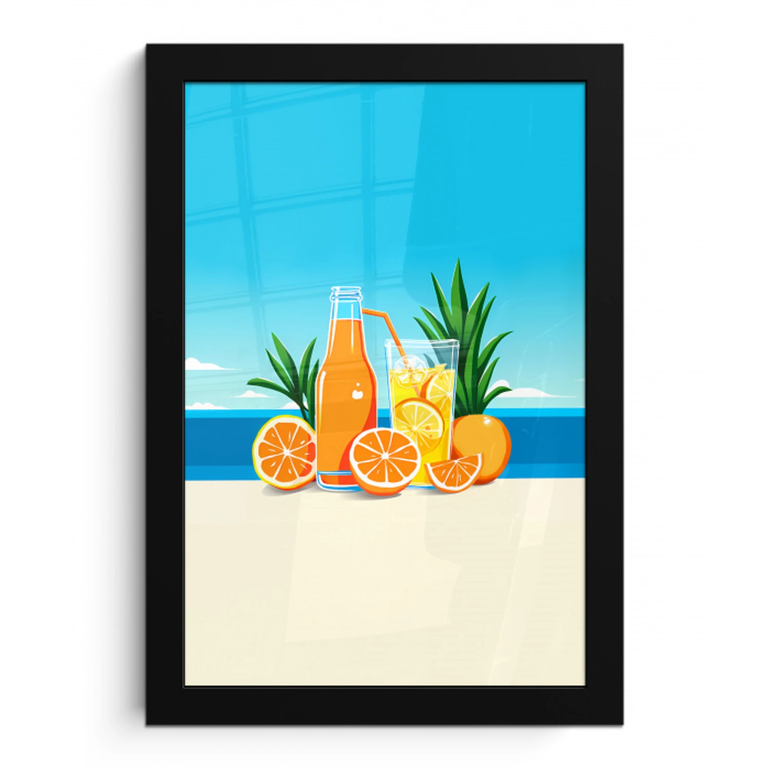 Sinaasappels - Ijsblokjes -  Zee - Illustratie fotolijst zwart zonder passe partout klein -3d