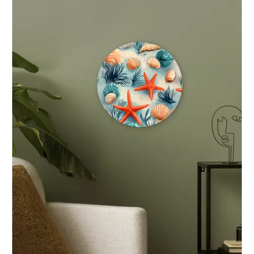 Zeesterren - Schelpen - Illustratie - Zand Wandcirkel plexiglas klein -sfeer3