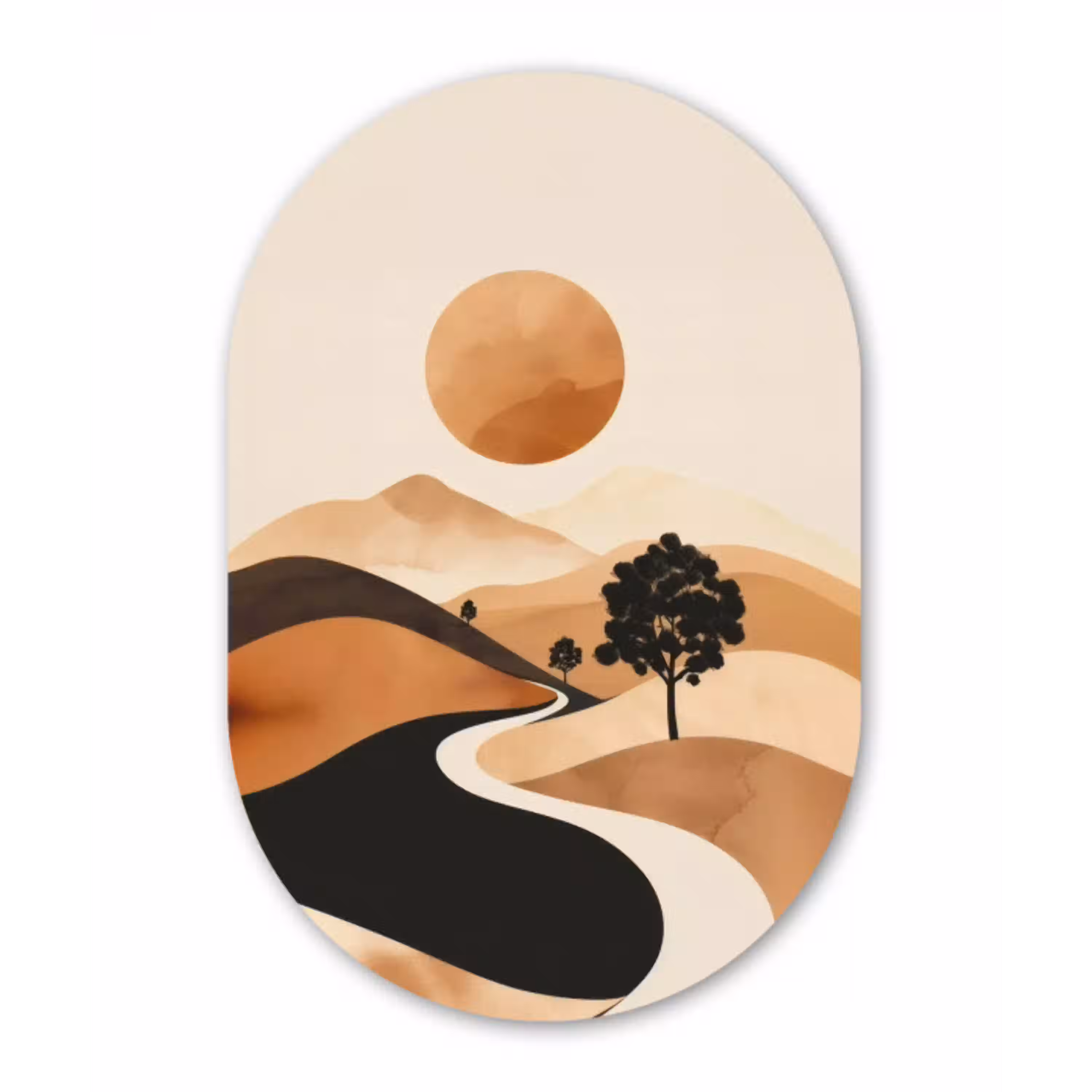 Zon - Heuvels - Boom - Abstract Wandcirkel Ovaal Aluminium middel -3d