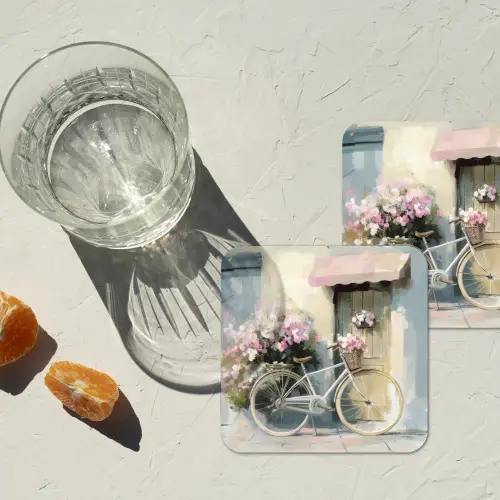 Fiets - Pastelkleuren - Bloemen onderzetter kurk middel -sfeer4