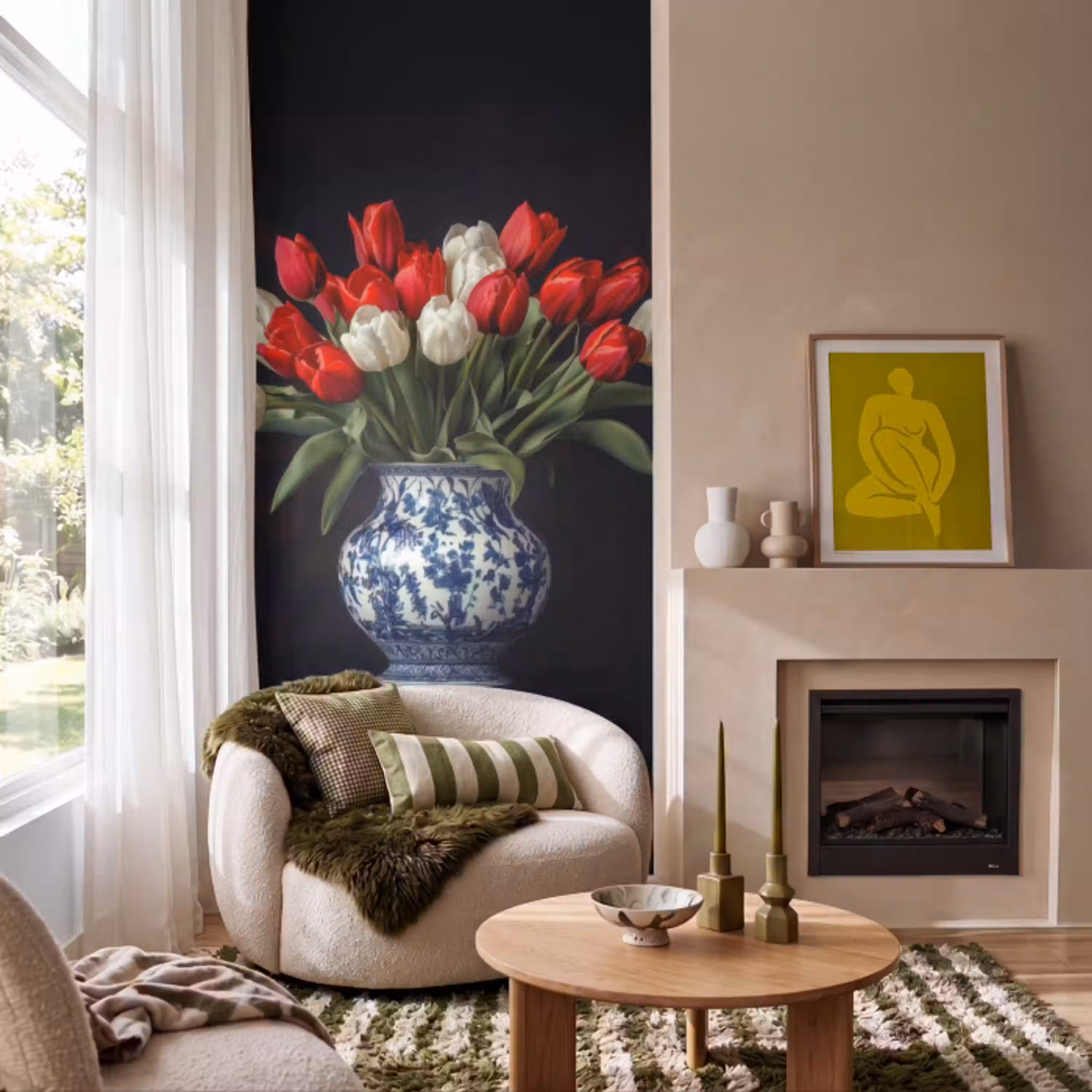 Rode - Bloemen - Tulpen - Vaas Behang Vlies klein -sfeer2