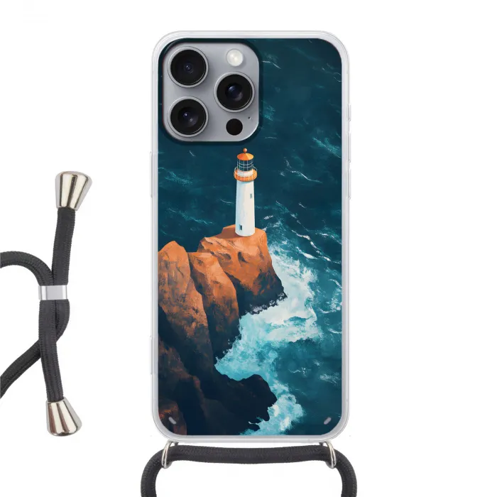 Vuurtoren - Rots - Zee - Golven Hoesje iPhone 16 Pro Max met koord klein -3d